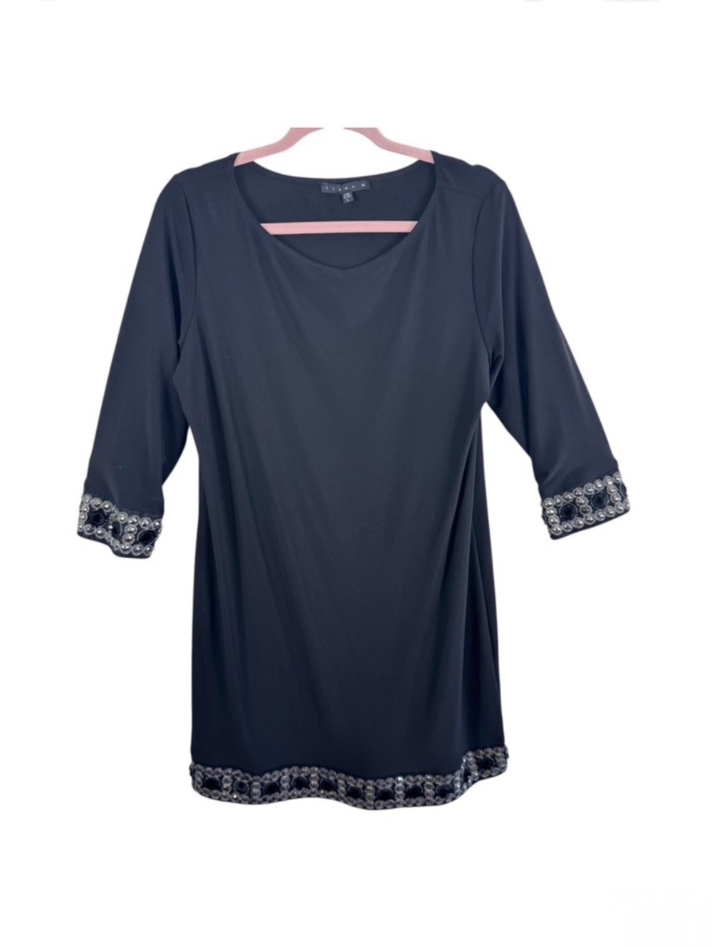 TIANA B Black‎ Embellished Rhinestone 3/4 Sleeve Shift Dress Women's Size L